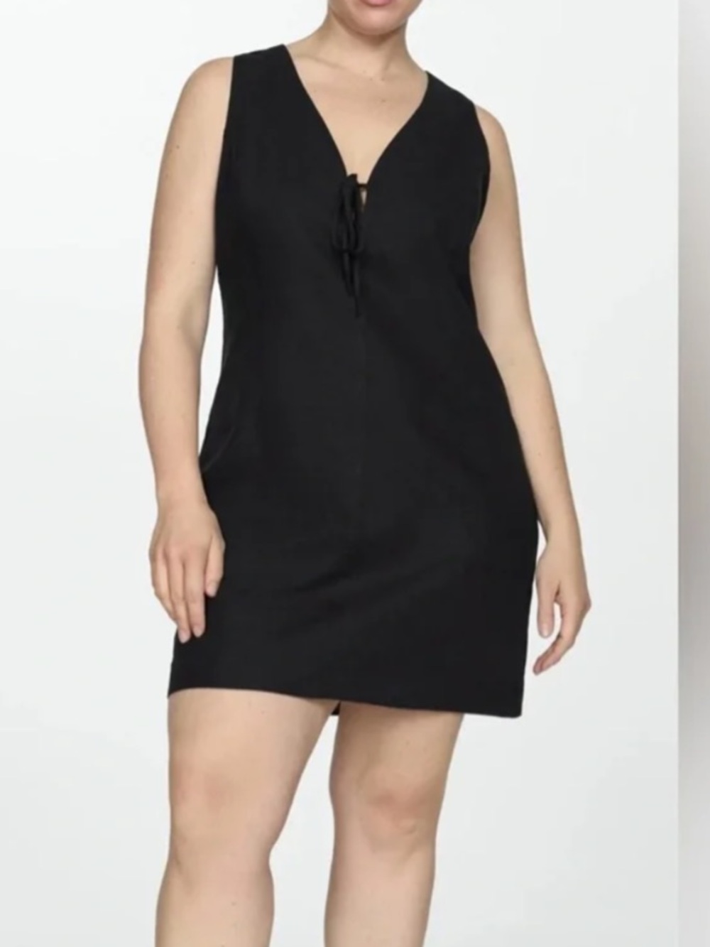 Mango Black V-Neck Sleeveless Front Tie Linen blend mini dress . Size L